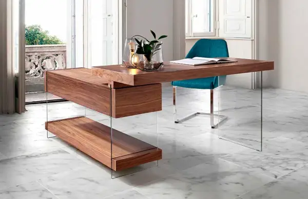 Mesa de escritorio nogal y cristal Creta