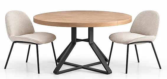 Mesa de comedor redonda extensible Hiedra en roble y pata metálica Mesa de comedor redonda extensible Hiedra en roble y pata metálica