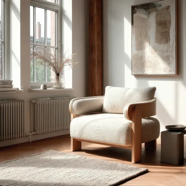 Butaca moderna de madera y bouclé beige Agra Menhir