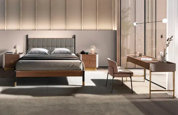 Cama para colchón de 160 nogal y polipiel Dual