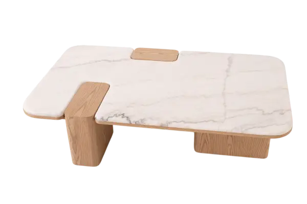 Mesa de centro Apolo de roble y porcelánico blanco de 120 cm