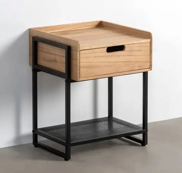 Mesa de noche en madera natural y metal negro Amberes