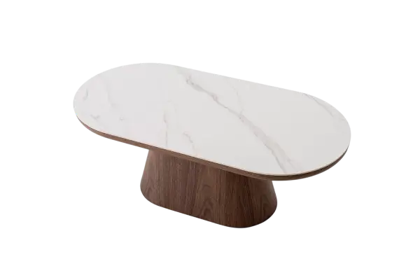 Mesa de centro sofá pie roble y tapa porcelánico blanco