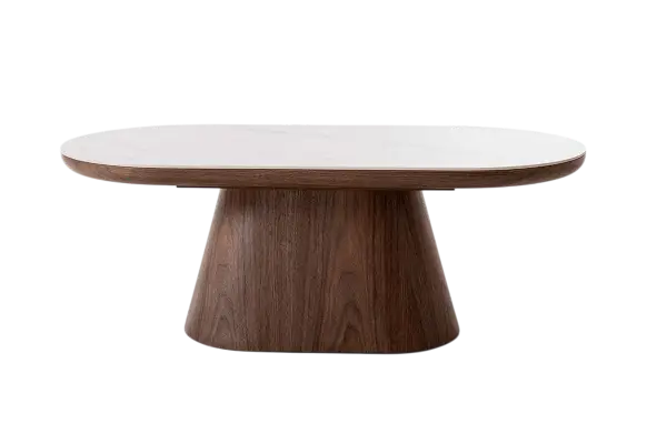 Mesa de centro sofá pie roble y tapa porcelánico blanco