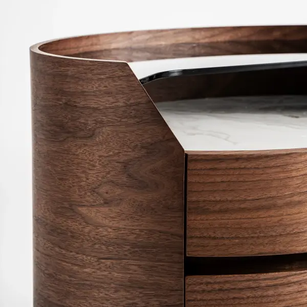 Mesa de noche Lecco nogal y tapa porcelánica y cristal