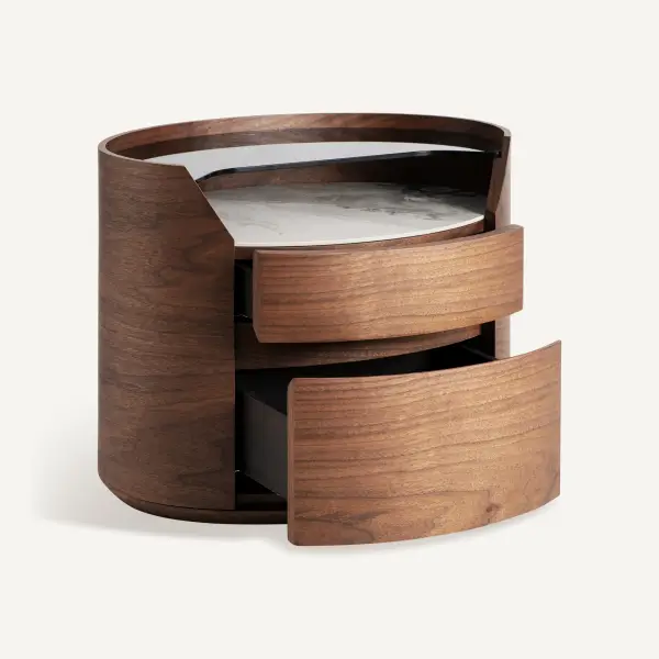 Mesa de noche Lecco nogal y tapa porcelánica y cristal