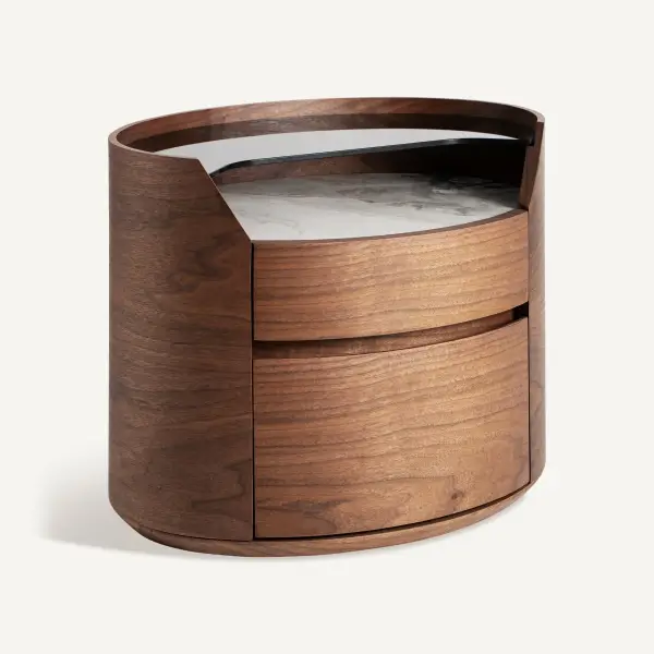 Mesa de noche Lecco nogal y tapa porcelánica y cristal