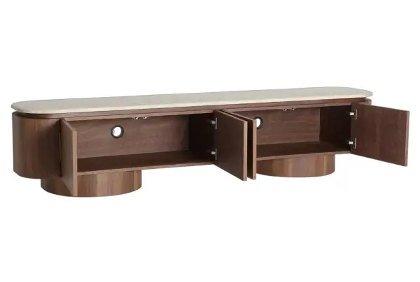Mueble tv curvo en nogal y tapa mármol sintético Dune