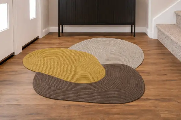 Alfombra orgánica mostaza marrón y topo Pebble