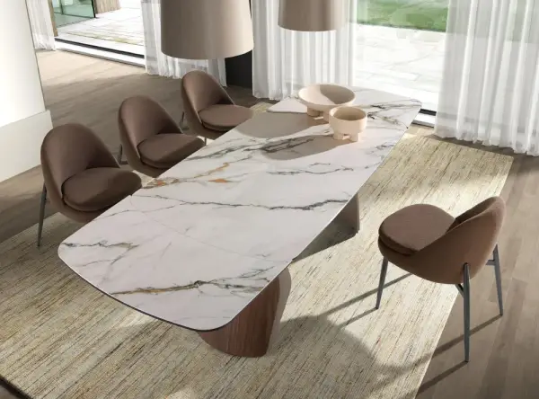 Mesa de comedor extensible ovalada barril mármol porcelánico nova
