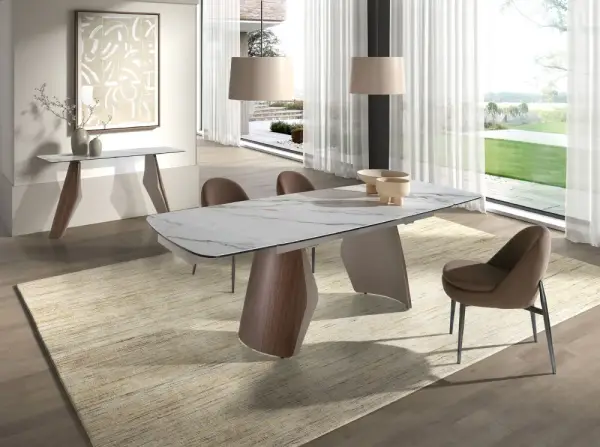 Mesa de comedor extensible ovalada barril mármol porcelánico nova