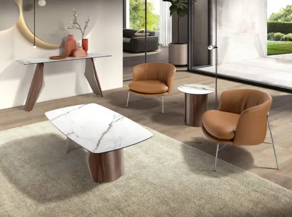 mesa de rincón redonda porcelánico Siena