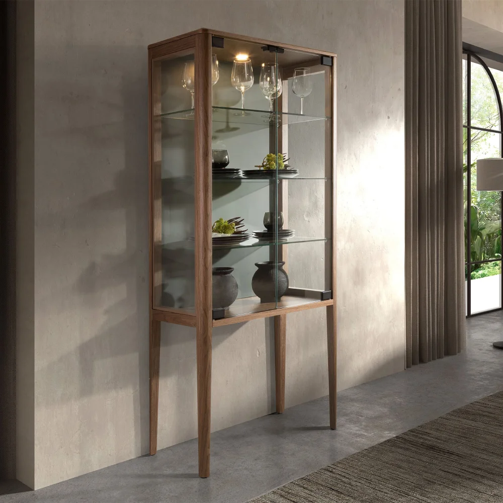 Aparador alto cristal templado y nogal con iluminación interior Nexa