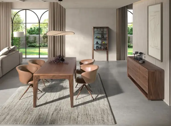 Aparador alto cristal templado y nogal con iluminación interior Nexa