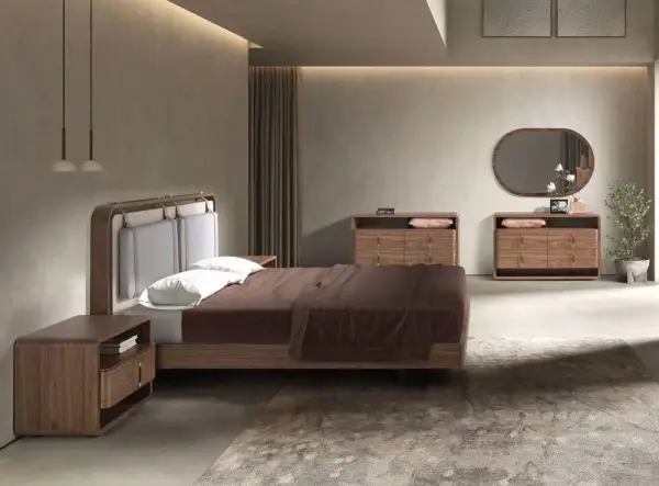 Cama para colchón de 160 tapizada y nogal Beigora