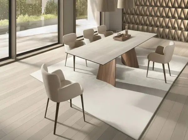 Mesa de comedor extensible rectangular porcelánico y metal Auralis