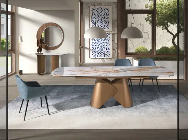 Mesa de comedor extensible ovalada porcelánico y metal Oryxen