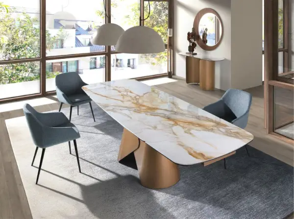 Mesa de comedor extensible ovalada porcelánico y metal Oryxen