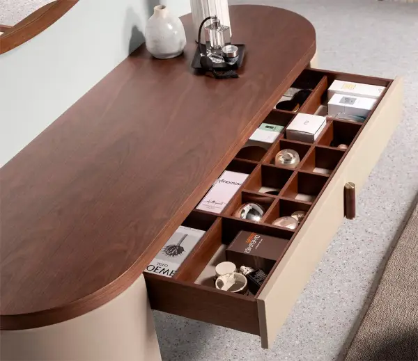 Mesa de escritorio tocador nogal y polipiel visón Siena