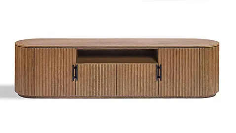 Mueble de tv de roble ovalado con palillería