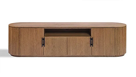 Mueble de tv de roble ovalado con palillería