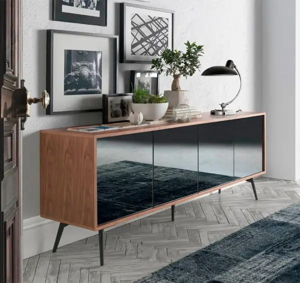 Aparador cristal negro efecto espejo y nogal Amur