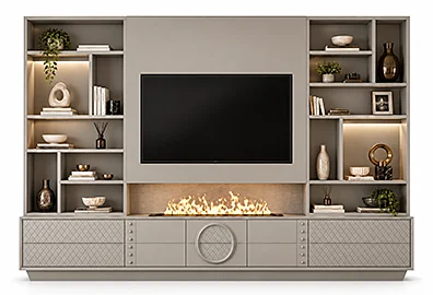Mueble de televisión GV de La Ebanistería con chimenea integrada