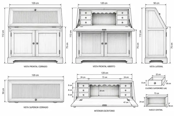 Bureau clásico de madera de cerezo con puertas y escritorio abatible