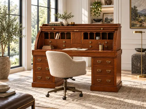 Bureau clásico Windsor de madera de cerezo con persiana y cajones
