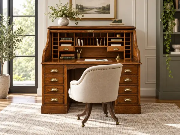 Bureau clásico Oxford de madera de cerezo con persiana y cajones