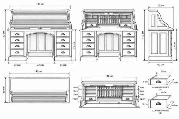 Bureau clásico Oxford de madera de cerezo con persiana y cajones