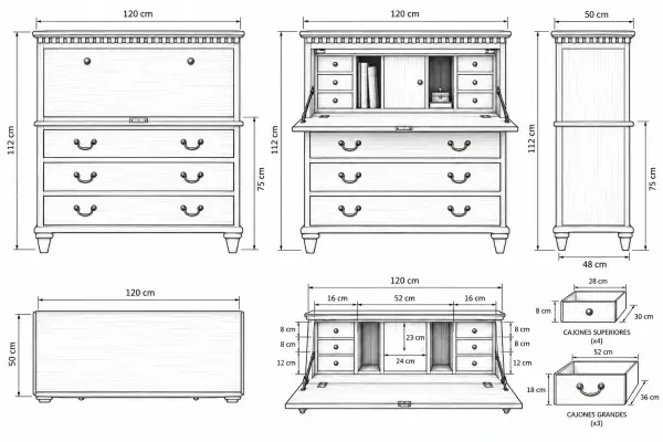 Bureau clásico Verona de madera de cerezo con escritorio abatible