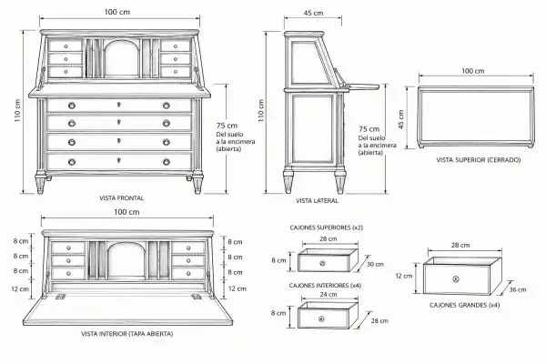 Bureau neoclásico Fontainebleau de madera de cerezo con escritorio abatible