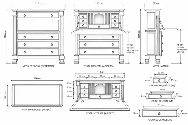 Bureau clásico Imperio de madera de cerezo con escritorio abatible