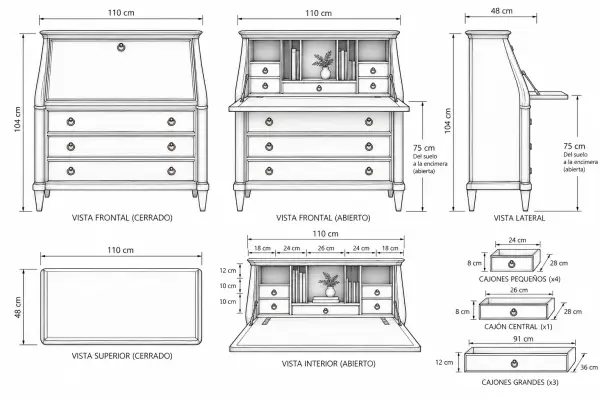 Bureau clásico Montpellier de madera de cerezo con escritorio abatible