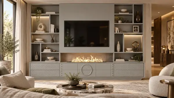 Mueble de televisión GV de La Ebanistería con chimenea integrada