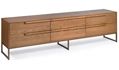 Mesa de televisión 6 cajones natural y metal dorado