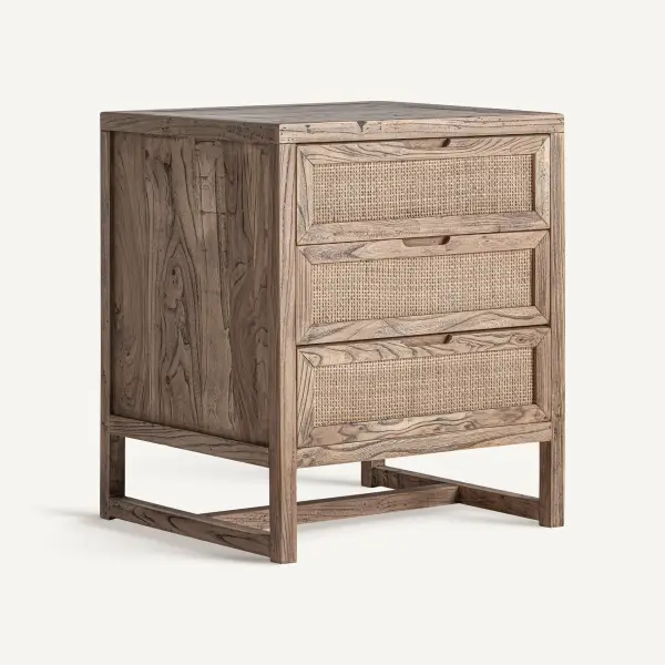 Mesita de noche Byremo de madera de olmo y ratán