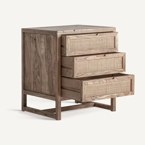 Mesita de noche Byremo de madera de olmo y ratán