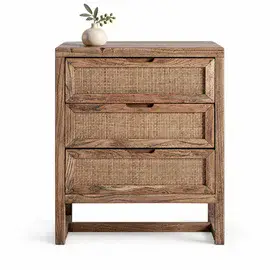 Mesita de noche Byremo de madera de olmo y ratán