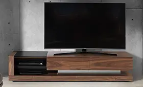 Mesa de televisión nogal y cristal negro Blackpool Ángel Cerda