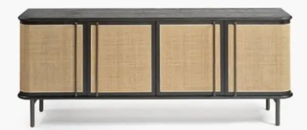 Aparador de madera de roble oscuro y ratán con cuatro puertas 
