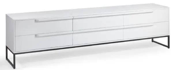 Aparador de TV de madera de roble blanco con cajones y patas de metal negro 
