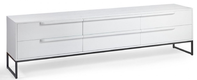 Aparador de TV de madera de roble blanco con cajones y patas de metal negro 