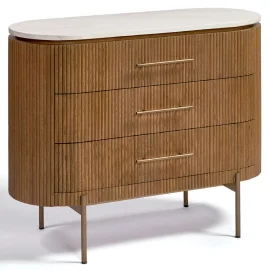 Cómoda ovalada con tres cajones y de madera y piedra Cómoda ovalada con tres cajones y de madera y piedra