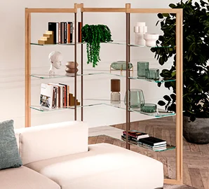 Librería separador de ambientes estrecha madera y cristal Panto Librería separador de ambientes estrecha madera y cristal Panto