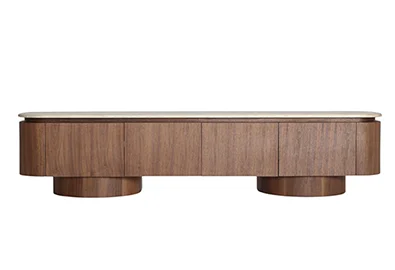 Mueble tv curvo en nogal y tapa mármol sintético Dune