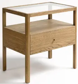 Mesa de noche acabado en roble y cristal templado