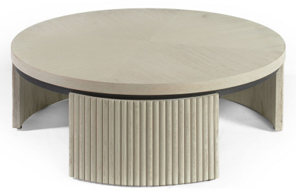 Mesa de centro redonda blanco grisceo y metal negro pata alistonada 