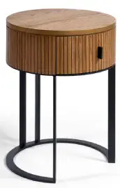Mesa de noche redonda de madera de roble efecto alistonado y patas de metal negro
